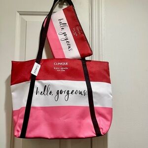 NWT Kate Spade ♠️ X Clinique Red, White and Pink Tote Bag and Cosmetic bag Set